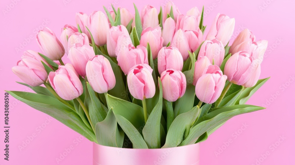 Obraz premium Pink tulips tied with a ribbon on a pastel pink background, ideal for Mother's Day messages, celebrations, and appreciation gifts.