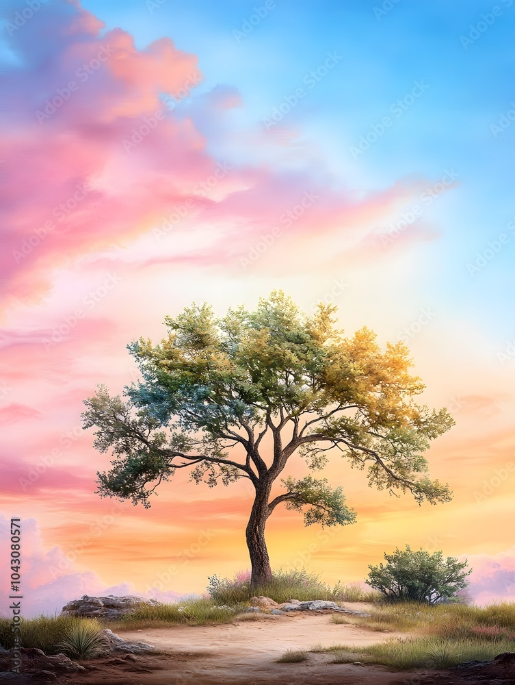 Obraz premium Majestic tree under colorful sky at sunset