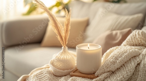 A cozy living space featuring a candle, decorative plant, and soft textiles.