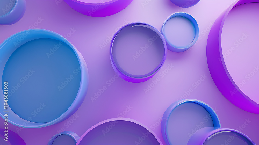 Obraz premium Abstract background with blue and purple rings on gradient violet backdrop. Minimal style. Simple shape.