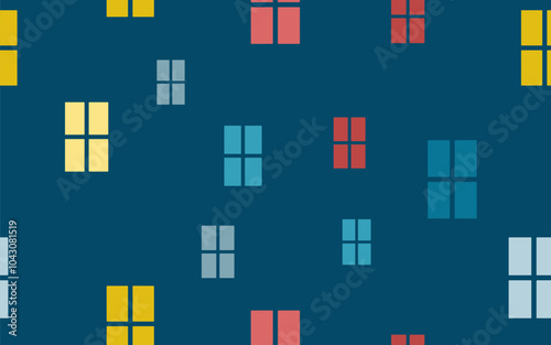 Evening windows of houses on a blue background. Seamless pattern in flat style. Background for paper, gift wrap, textile,  wallpaper, interior decor.