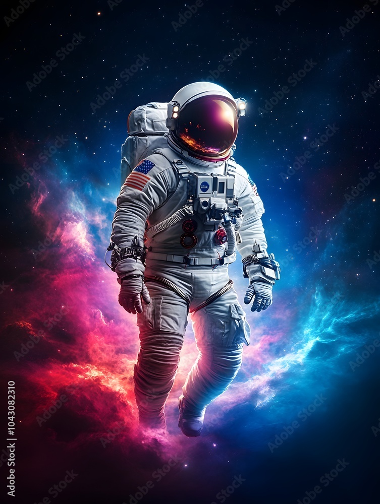Naklejka premium Astronaut floating in colorful galaxy