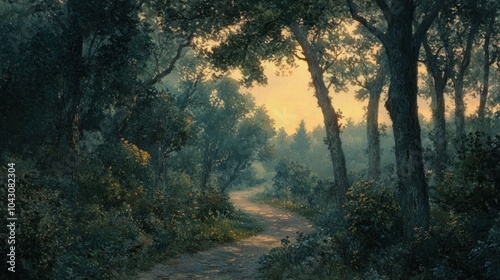 A serene forest path illuminated by soft light, inviting exploration and tranquility.