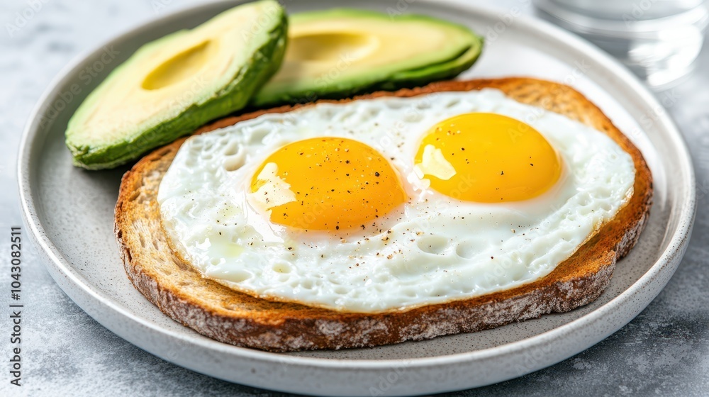 Avocado toast topped with sunny-side-up eggs, sprinkled with fresh herbs and pepper, offering a healthy breakfast option.