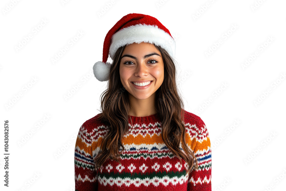 Happy Hispanic woman wearing Christmas sweater and Santa hat isolated on a transparent background Happy Hispanic woman wearing Christmas sweater and Santa hat isolated on a transparent background