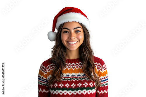 Happy Hispanic woman wearing Christmas sweater and Santa hat isolated on a transparent background