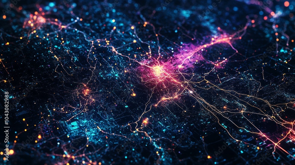 bioluminescent gps markers, complex digital neural network, iridescent data streams, deep space-like setting, futuristic geolocation concept, high-tech cartography simulation bioluminescent gps markers, complex digital neural network, iridescent data streams, deep space-like setting, futuristic geolocation concept, high-tech cartography simulation