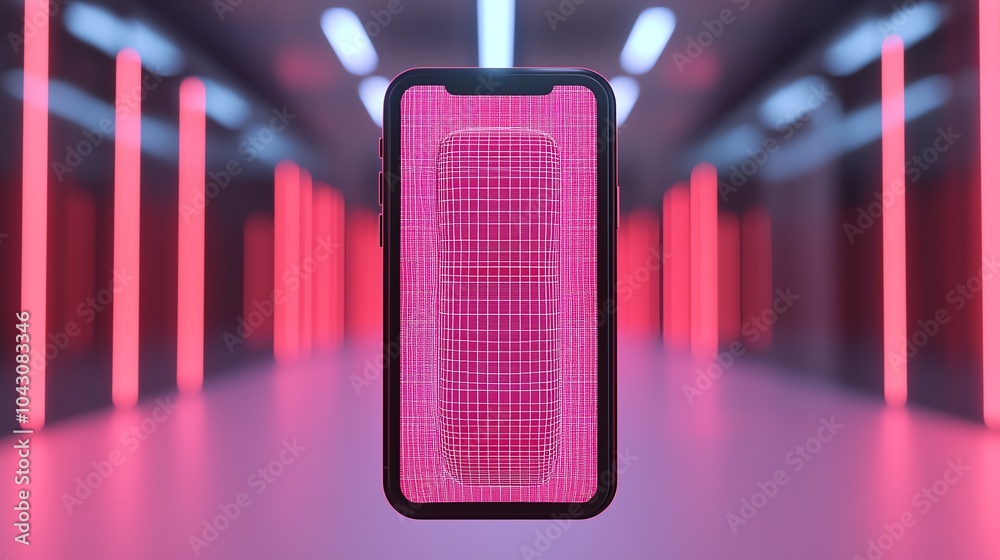 A futuristic smartphone displays a vibrant pink circuit pattern against a sleek, illuminated background. A futuristic smartphone displays a vibrant pink circuit pattern against a sleek, illuminated background.