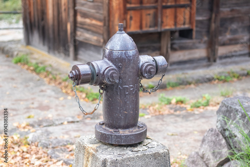 Shirakawa village, Gifu, Japan. A rustic fire hydrant stands prominently on a stone base, surrounded by nature and the weathered backdrop of a wooden structure.