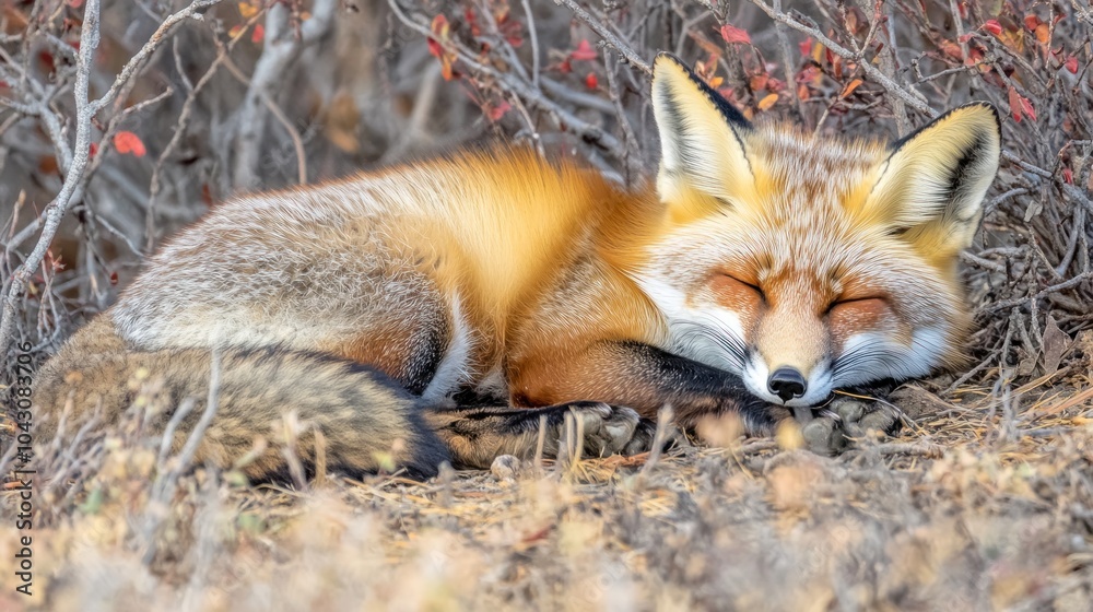A peaceful red fox sleeping in a natural setting among foliage. A peaceful red fox sleeping in a natural setting among foliage.