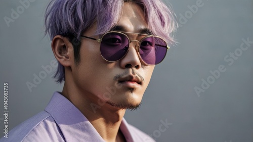 Korean man wearing sunglasses with light purple hair