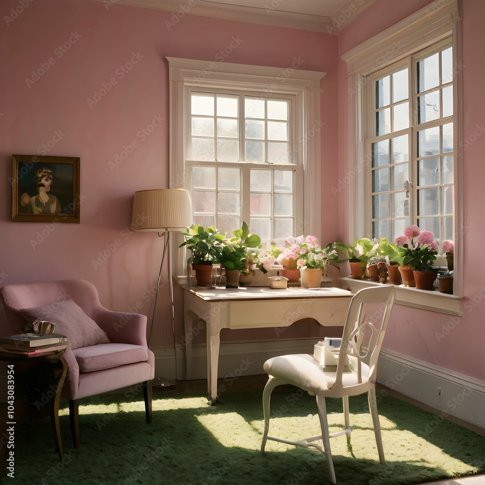Fototapeta premium A woman, likely a nurse, sits cross-legged on a pink rug in a cozy, well-lit room. She wears a white nurse’s uniform and cap, with a stethoscope around her neck, deeply focused on reading a book. The 
