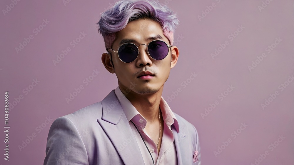 Korean man wearing sunglasses with light purple and pink hair