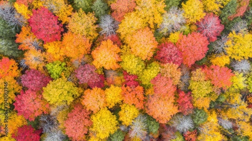 Aerial view of vibrant autumn foliage showcasing a mix of colorful trees.