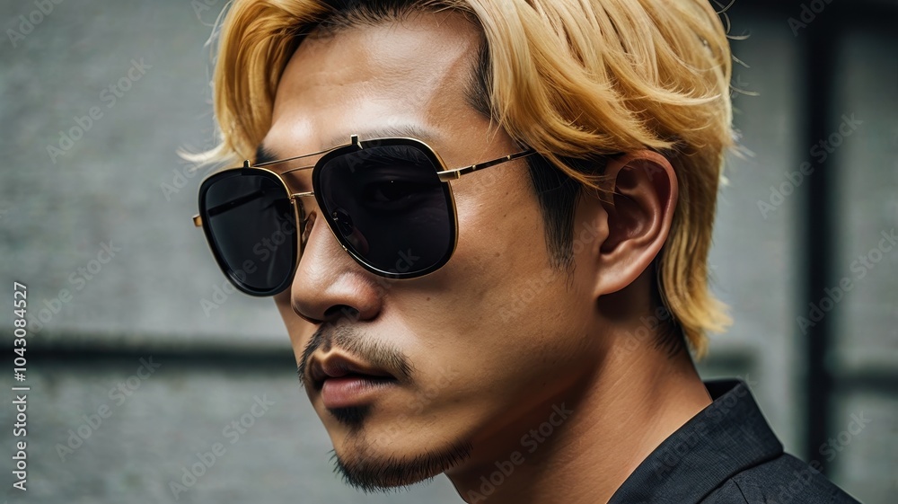 Korean man in sunglasses with blond curly hair Korean man in sunglasses with blond curly hair