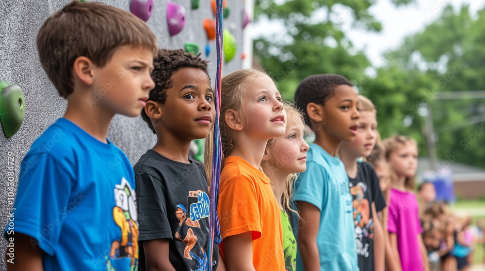 Kids Climbing Wall and Cheering Friends Kids Climbing Wall and Cheering Friends