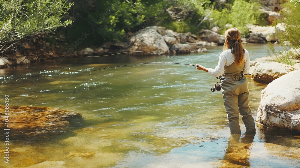 Fototapeta premium woman fly fishing catching rainbow trout. 
