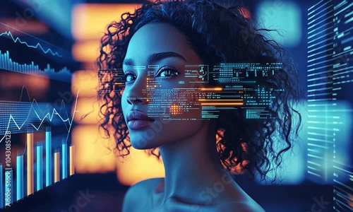 HCI and Virtual Digital Human: Black African American Woman Analyzing Data in Information Technology with Augmented Reality and AI Collage,, AI, Cybersecurity