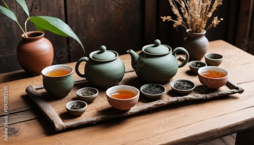 Charming tea arrangement with green teapots and cups on a rustic wooden tray surrounded by tea leaves