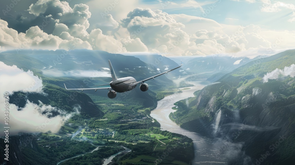 Fototapeta premium Airplane flying over scenic landscape with mountains and river. Aerial view, travel, clouds, nature, aviation, and flight route through mountainous region.