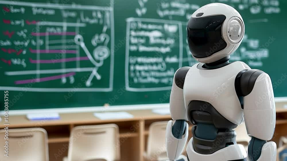 Realistic humanoid educational robot teacher standing in front of blackboard in school classroom Realistic humanoid educational robot teacher standing in front of blackboard in school classroom