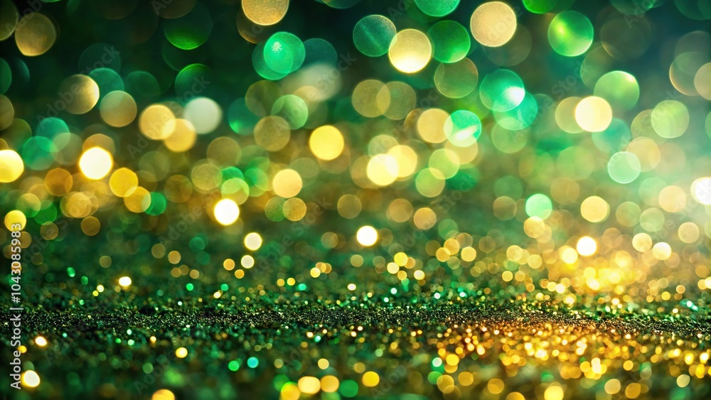 Obraz premium Glittering green and gold bokeh background with festive lights