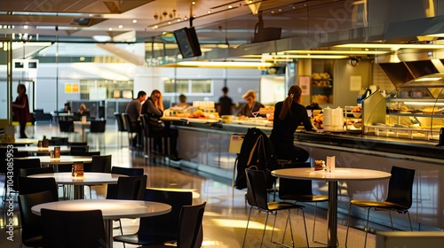 Passengers dining in airport food court. Terminal seating, dining options, flight wait, restaurant area, and airport amenities.