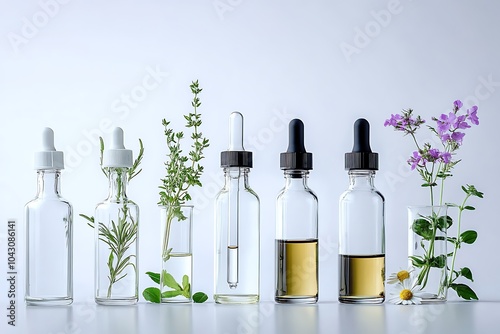 Natural skin care ingredients. Rosemary, oregano, and thyme essential oils with dried herbs. Herbal Essential Oils Collection, Colorful Glass Bottles of Herbal Oils Generative Ai

