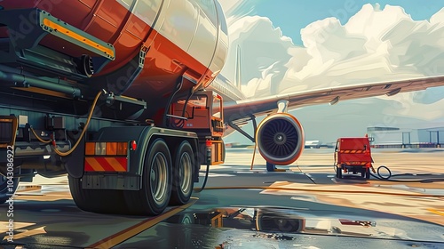 Airplane being refueled on wet tarmac under cloudy skies. Ground crew, fuel truck, airport logistics, aircraft maintenance, and aviation operations