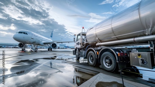 Airplane being refueled on wet tarmac under cloudy skies. Ground crew, fuel truck, airport logistics, aircraft maintenance, and aviation operations