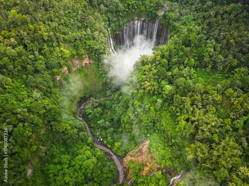 Aerial view of a waterfall in a lush green forest