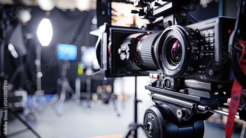 Close-up of a professional camera with attached lens and equipment in a studio. Photography, technology, camera gear, and visual content creation