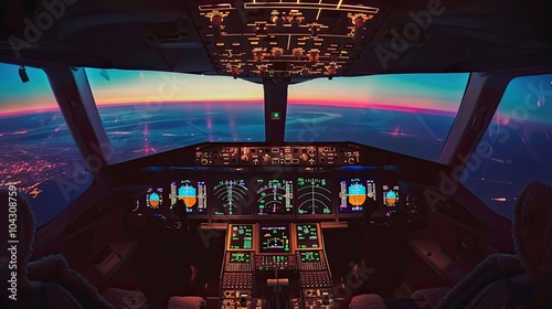 Illuminated airplane cockpit at night, showing detailed controls and instruments. Aviation technology, flight controls, night flight, and cockpit systems.