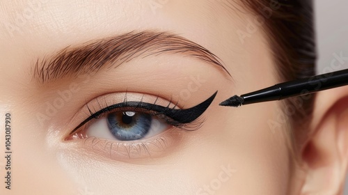 Close-up of eyeliner application on a model's eye, focusing on precision. Beauty, makeup, cosmetics, and eye makeup technique