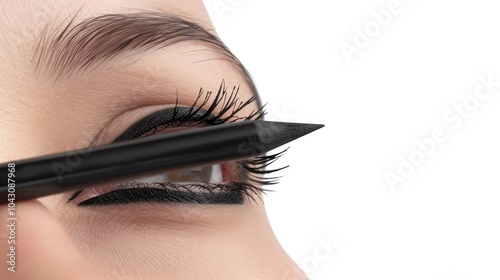 Close-up of eyeliner application on a model's eye, focusing on precision. Beauty, makeup, cosmetics, and eye makeup technique