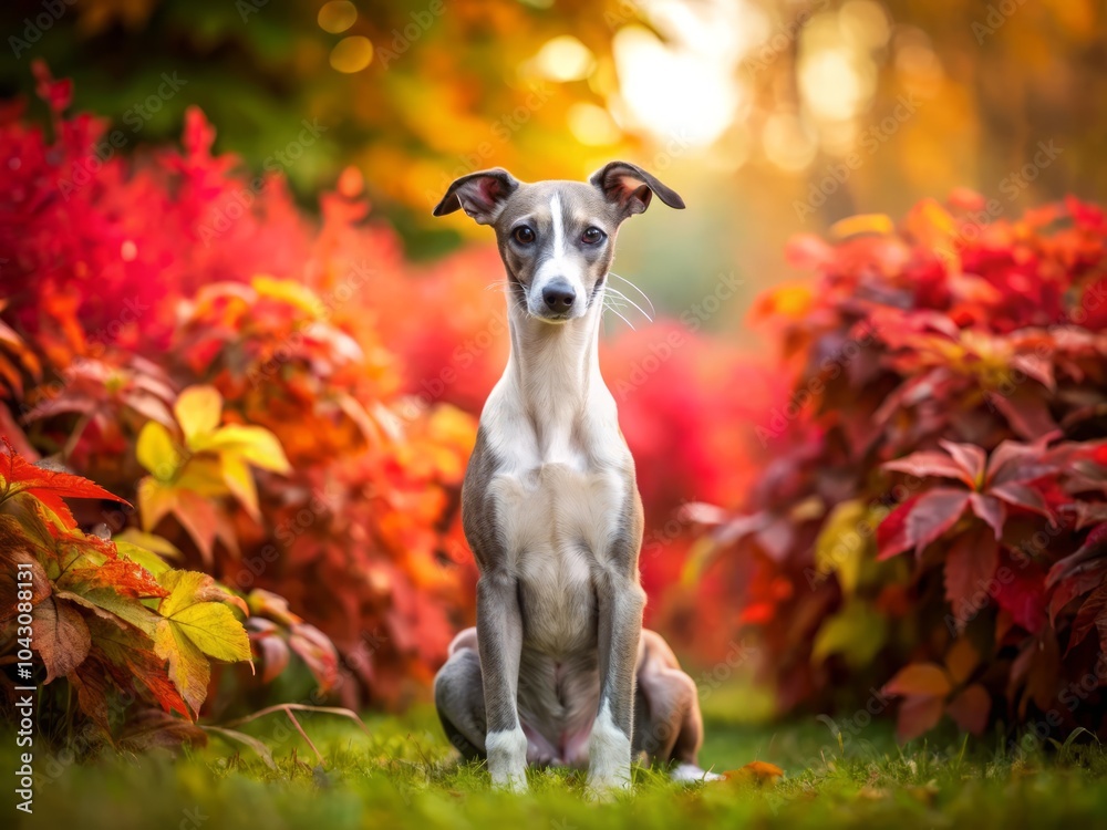 Whippet Puppy Sitting on Lush Grass Surrounded by Vibrant Autumn Bushes in Shades of Red - Captivating Landscape Photography of Adorable Dog in Nature Whippet Puppy Sitting on Lush Grass Surrounded by Vibrant Autumn Bushes in Shades of Red - Captivating Landscape Photography of Adorable Dog in Nature