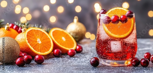 Refreshing cocktail with cranberries and oranges, festive setting with bokeh lights. photo