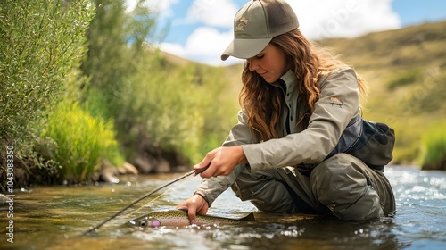 woman fly fishing catching rainbow trout. 