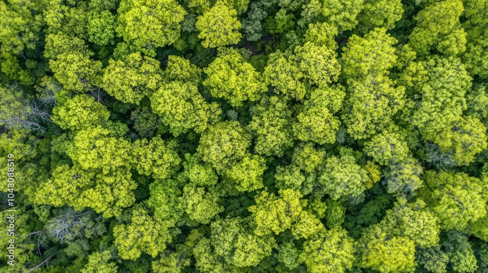 Naklejka premium Aerial view of lush green forest canopy showcasing vibrant foliage.