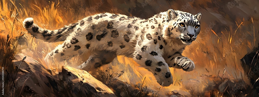 A snow leopard is walking on the rocky terrain of an Asian landscape, its spotted coat blending with the autumn colors in the background A snow leopard is walking on the rocky terrain of an Asian landscape, its spotted coat blending with the autumn colors in the background