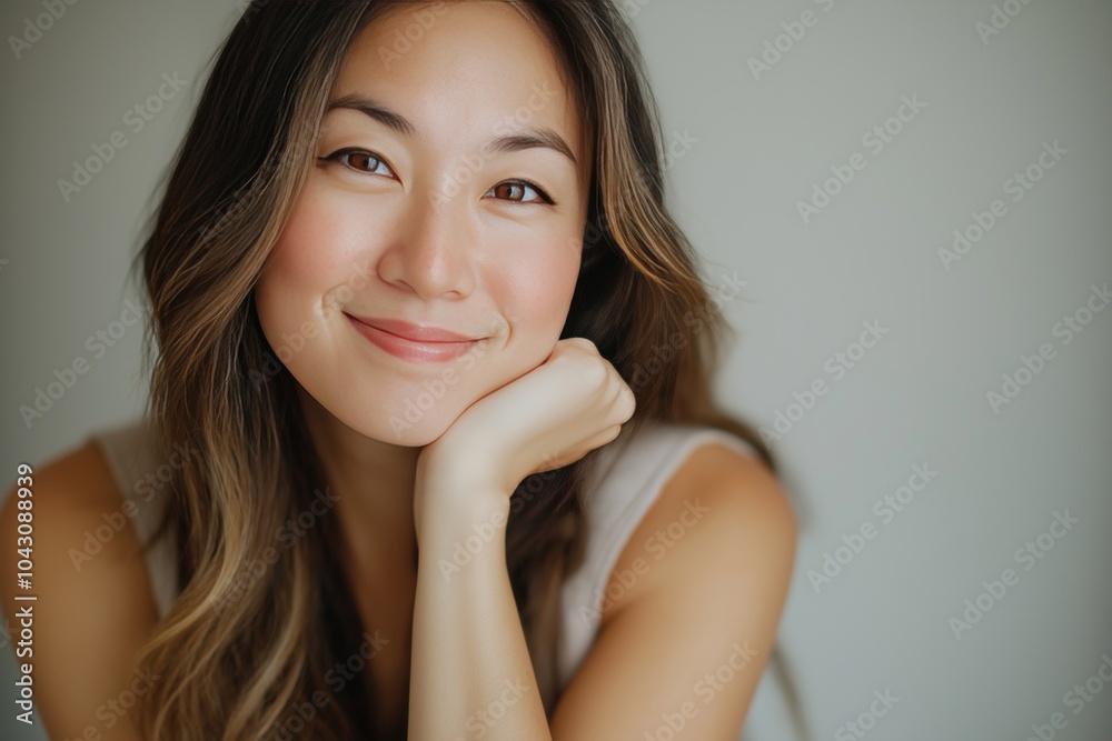 Serene portrait of a woman with long hair smiling softly, emphasizing relaxation and lightness Serene portrait of a woman with long hair smiling softly, emphasizing relaxation and lightness
