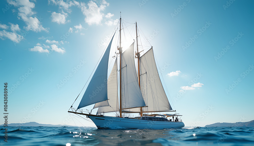 Fototapeta premium Vintage sailing ship on the ocean with bright sunny sky