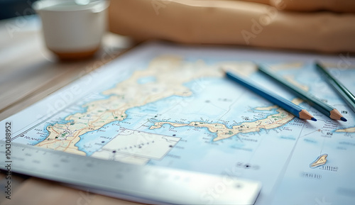 Marine navigation chart and tools on a wooden table