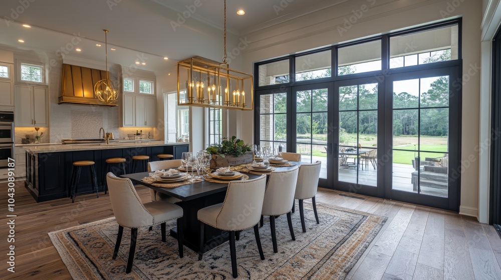 Fototapeta premium Modern Dining Room with Large Windows Overlooking a Green Lawn