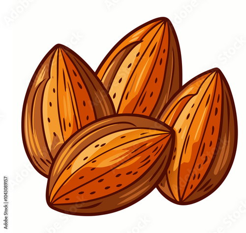 Vector illustration of three almonds, focusing on their detailed texture in a cartoon flat style. Delicious raw vegan healthy food outline and almond icons.