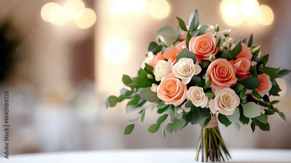 Obraz premium Beautiful bouquet of peach and white roses with green foliage.