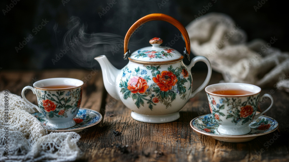 Fototapeta premium Aromatic Tea Time: A charming porcelain teapot with floral designs sits beside two teacups, steam rising from the hot beverage.