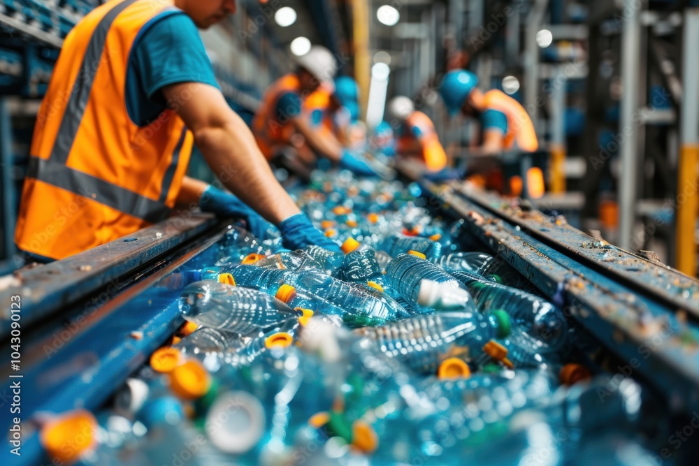 Workers in protective suits including gloves, hard hats and reflective vests sort recyclable waste, plastic on a conveyor belt at a modern recycling plant Workers in protective suits including gloves, hard hats and reflective vests sort recyclable waste, plastic on a conveyor belt at a modern recycling plant
