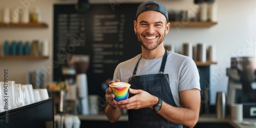 Minimalist stock image of a happy barista showcasing a rainbow latte art in a cozy cafe setting