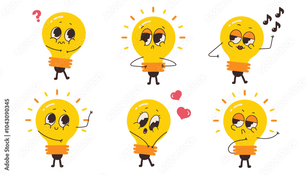 Set of yellow lightbulb character with different emotions. Vector illustration